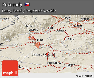 Shaded Relief Panoramic Map of Počerady