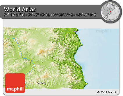 Physical 3D Map of the Area around 50° 31' 50" N, 140° 19' 29" E
