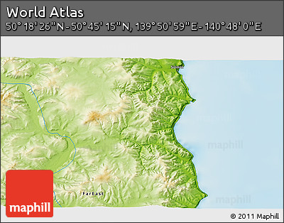 Physical 3D Map of the Area around 50° 31' 50" N, 140° 19' 29" E