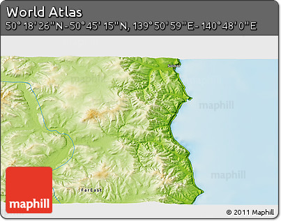 Physical 3D Map of the Area around 50° 31' 50" N, 140° 19' 29" E