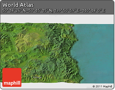 Satellite 3D Map of the Area around 50° 31' 50" N, 140° 19' 29" E
