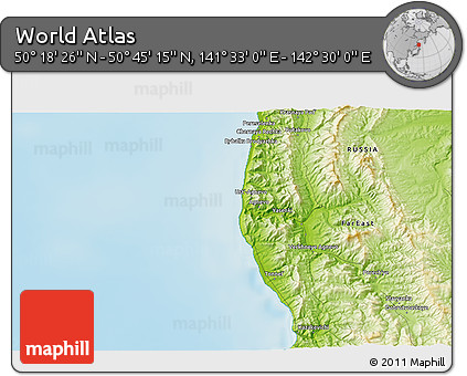 Physical 3D Map of the Area around 50° 31' 50" N, 142° 1' 30" E