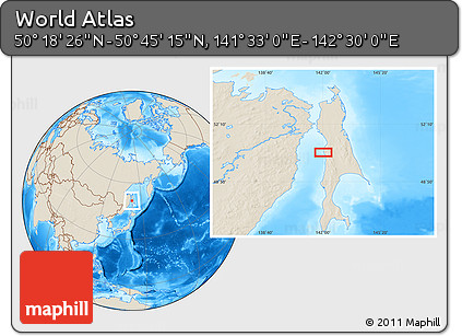 Shaded Relief Location Map of the Area around 50° 31' 50" N, 142° 1' 30" E