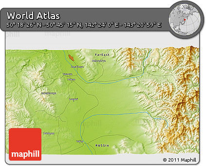 Physical 3D Map of the Area around 50° 31' 50" N, 142° 52' 30" E