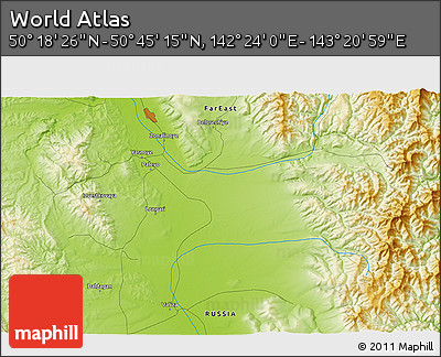 Physical 3D Map of the Area around 50° 31' 50" N, 142° 52' 30" E