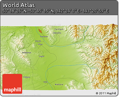 Physical 3D Map of the Area around 50° 31' 50" N, 142° 52' 30" E