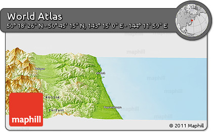 Physical Panoramic Map of the Area around 50° 31' 50" N, 143° 43' 29" E