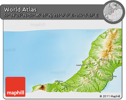 Physical 3D Map of the Area around 50° 31' 50" N, 155° 37' 30" E