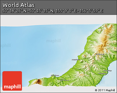 Physical 3D Map of the Area around 50° 31' 50" N, 155° 37' 30" E