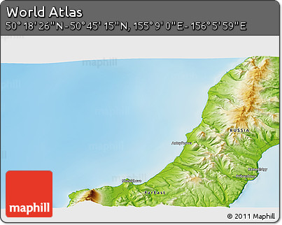 Physical 3D Map of the Area around 50° 31' 50" N, 155° 37' 30" E