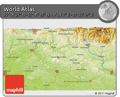Physical 3D Map of the Area around 50° 31' 50" N, 15° 22' 30" E