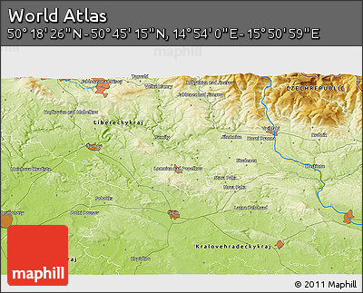 Physical 3D Map of the Area around 50° 31' 50" N, 15° 22' 30" E