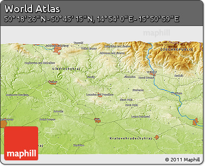 Physical 3D Map of the Area around 50° 31' 50" N, 15° 22' 30" E