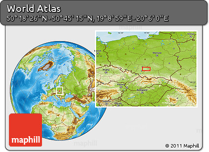 Physical Location Map of the Area around 50° 31' 50" N, 19° 37' 30" E