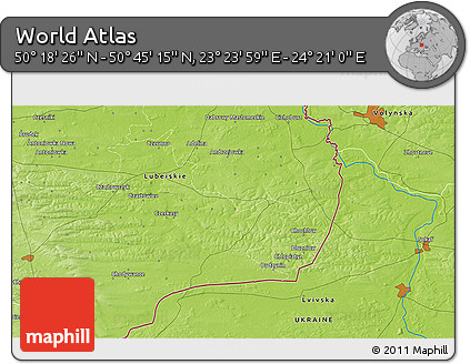 Physical 3D Map of the Area around 50° 31' 50" N, 23° 52' 30" E