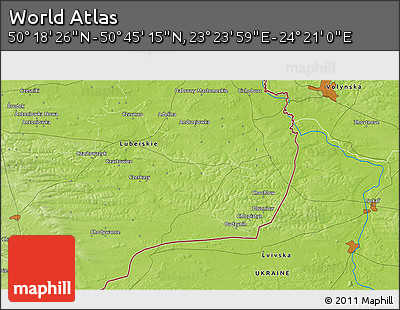 Physical 3D Map of the Area around 50° 31' 50" N, 23° 52' 30" E