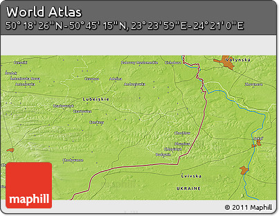 Physical 3D Map of the Area around 50° 31' 50" N, 23° 52' 30" E