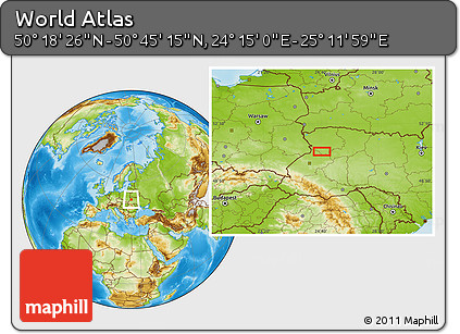 Physical Location Map of the Area around 50° 31' 50" N, 24° 43' 30" E
