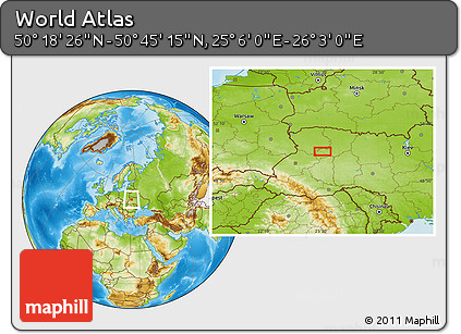 Physical Location Map of the Area around 50° 31' 50" N, 25° 34' 30" E