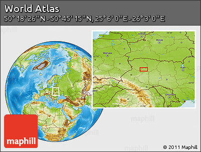 Physical Location Map of the Area around 50° 31' 50" N, 25° 34' 30" E