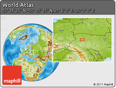 Physical Location Map of the Area around 50° 31' 50" N, 25° 34' 30" E