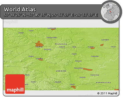 Physical 3D Map of the Area around 50° 31' 50" N, 26° 25' 29" E