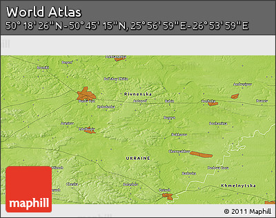 Physical 3D Map of the Area around 50° 31' 50" N, 26° 25' 29" E