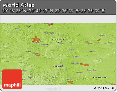 Physical 3D Map of the Area around 50° 31' 50" N, 26° 25' 29" E