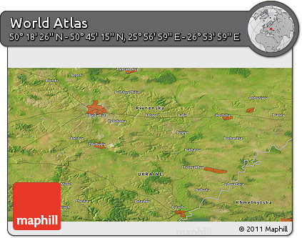 Satellite 3D Map of the Area around 50° 31' 50" N, 26° 25' 29" E