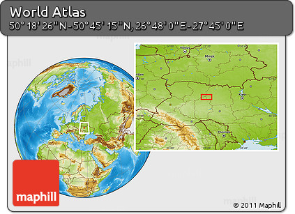 Physical Location Map of the Area around 50° 31' 50" N, 27° 16' 29" E