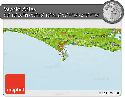 Physical 3D Map of the Area around 50° 31' 50" N, 2° 28' 30" W