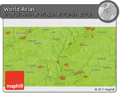 Physical 3D Map of the Area around 50° 31' 50" N, 33° 13' 30" E
