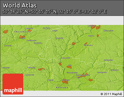 Physical 3D Map of the Area around 50° 31' 50" N, 33° 13' 30" E