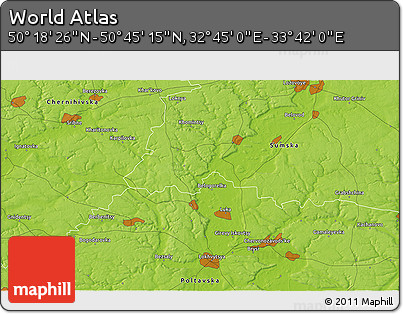 Physical 3D Map of the Area around 50° 31' 50" N, 33° 13' 30" E