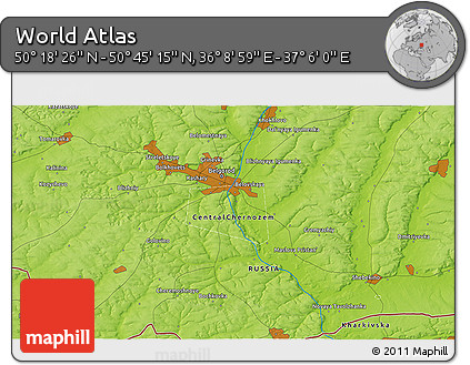 Physical 3D Map of the Area around 50° 31' 50" N, 36° 37' 30" E