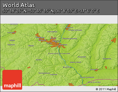 Physical 3D Map of the Area around 50° 31' 50" N, 36° 37' 30" E