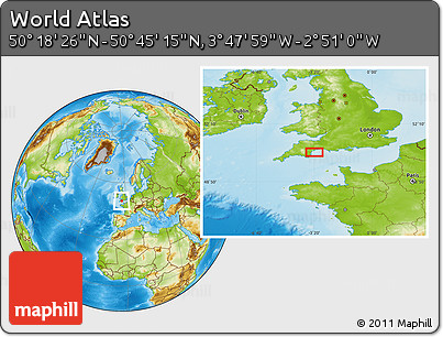 Physical Location Map of the Area around 50° 31' 50" N, 3° 19' 30" W