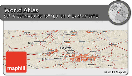 Shaded Relief Panoramic Map of the Area around 50° 31' 50" N, 4° 19' 30" E