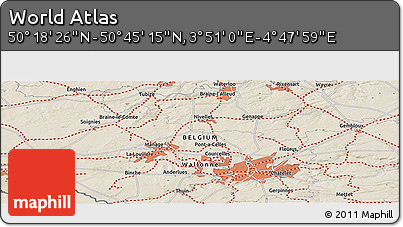 Shaded Relief Panoramic Map of the Area around 50° 31' 50" N, 4° 19' 30" E