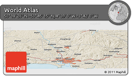 Shaded Relief Panoramic Map of the Area around 50° 31' 50" N, 4° 10' 30" W