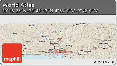 Shaded Relief Panoramic Map of the Area around 50° 31' 50" N, 4° 10' 30" W