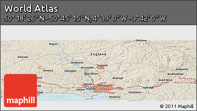 Shaded Relief Panoramic Map of the Area around 50° 31' 50" N, 4° 10' 30" W
