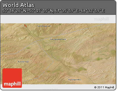 Satellite 3D Map of the Area around 50° 31' 50" N, 68° 4' 29" E