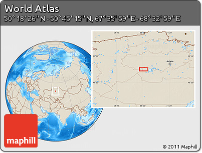 Shaded Relief Location Map of the Area around 50° 31' 50" N, 68° 4' 29" E