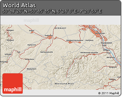 Shaded Relief 3D Map of the Area around 50° 31' 50" N, 6° 52' 30" E
