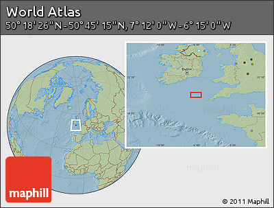 Savanna Style Location Map of the Area around 50° 31' 50" N, 6° 43' 29" W, hill shading