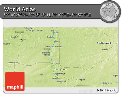 Physical 3D Map of the Area around 50° 31' 50" N, 71° 28' 29" E