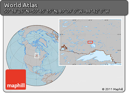 Gray Location Map of the Area around 50° 31' 50" N, 89° 10' 30" W, hill shading