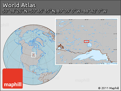 Gray Location Map of the Area around 50° 31' 50" N, 89° 10' 30" W, hill shading