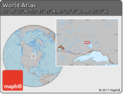 Gray Location Map of the Area around 50° 31' 50" N, 89° 10' 30" W, hill shading